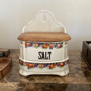 Vintage Czechoslovakia Salt Cellar Box White Block Wood Lid Flowers Fruit